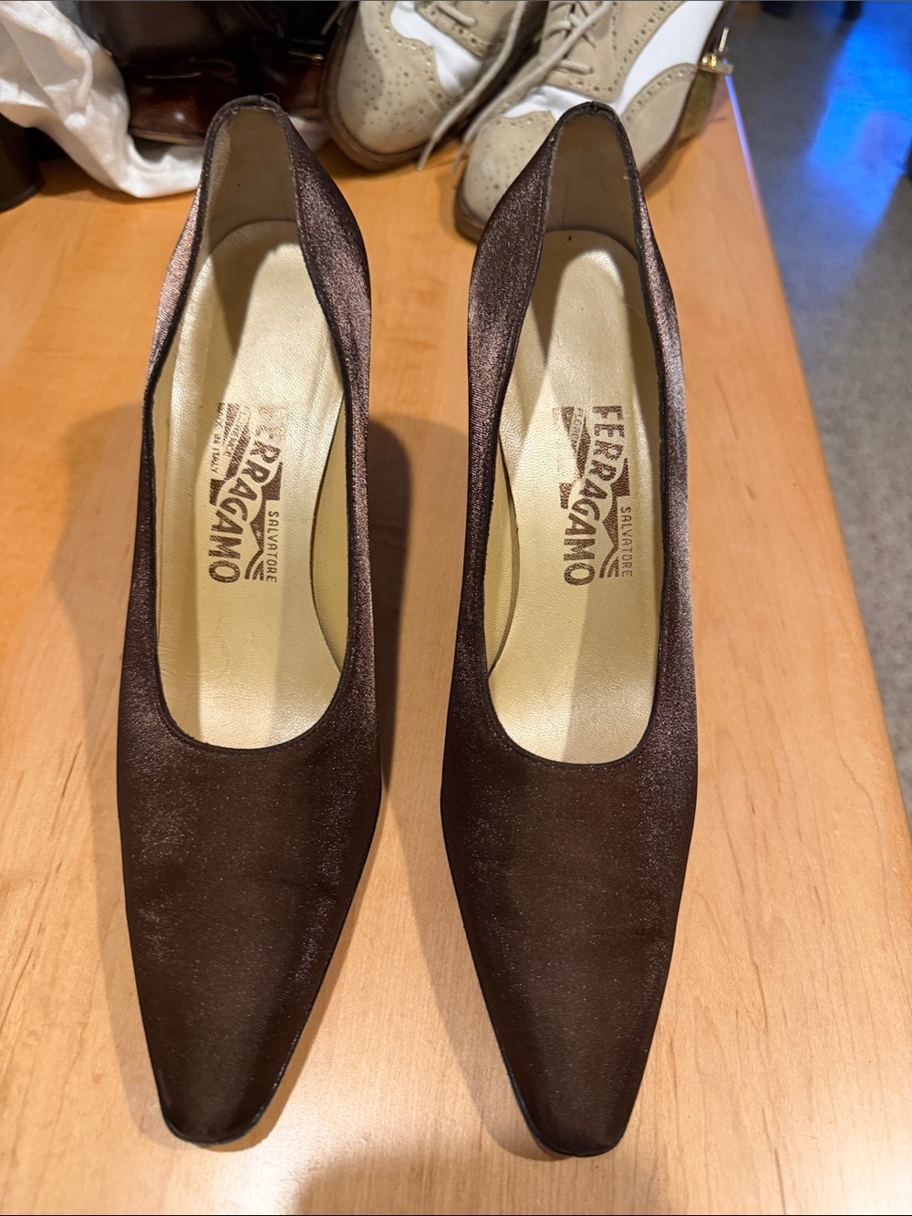 Vintage Salvatore Ferragamo Brown Shimmer Dark Satin Pointed-Toe Pumps. 9.5. IT